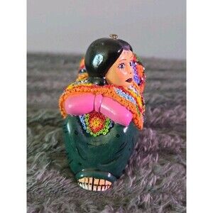 Vintage Mexican Pottery Girl with Beaded Poncho And Sombrero Folk Art Figurine